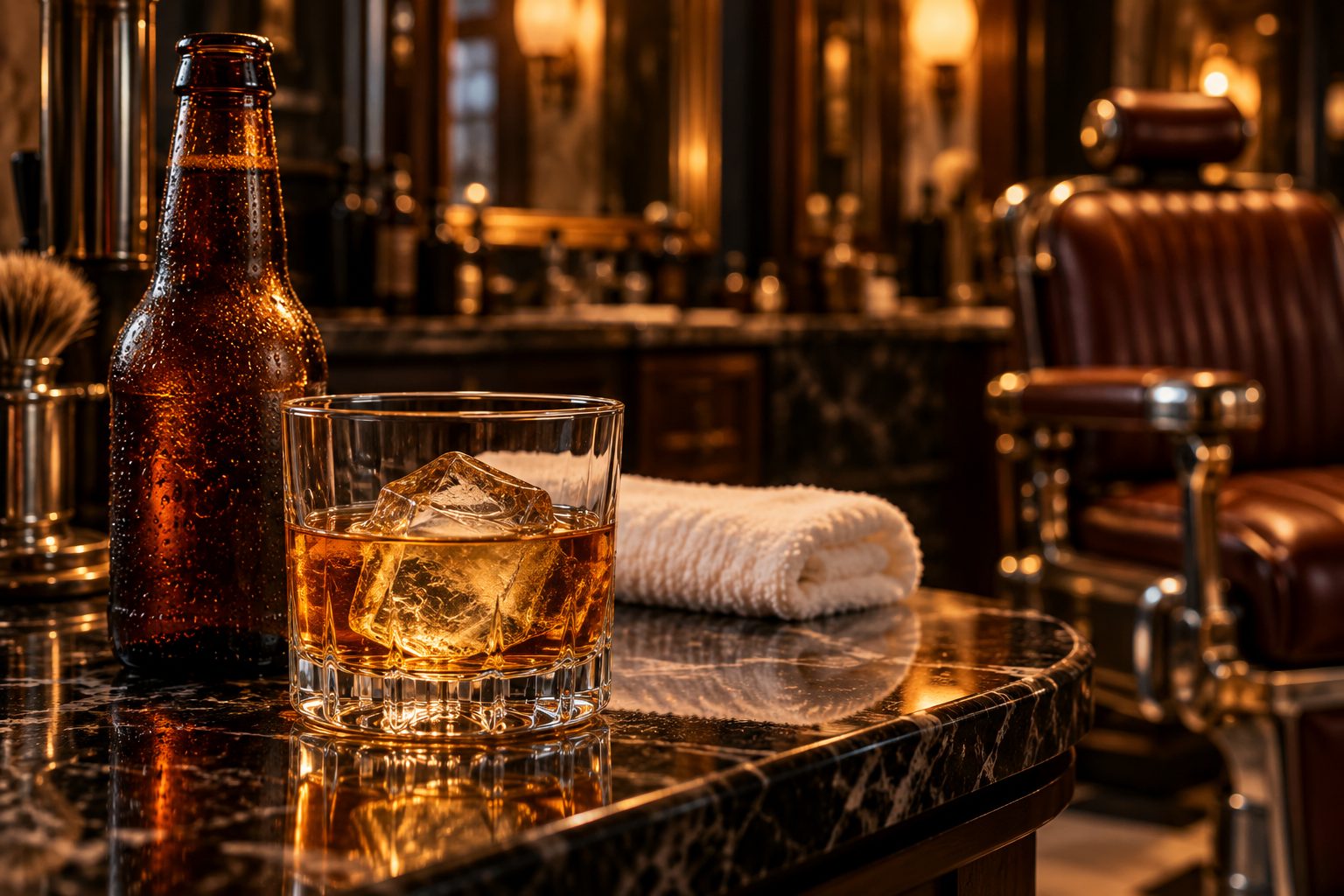 Copo de whisky e cerveja gelada sobre a bancada da barbearia